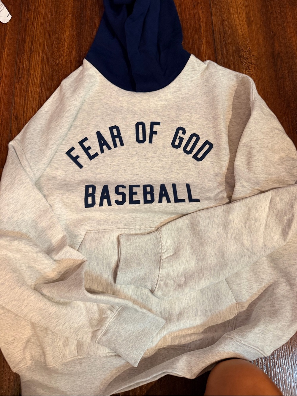 Fear of God baseball mlb mens Hoodie in Light Gray with Navy Hood and Lettering